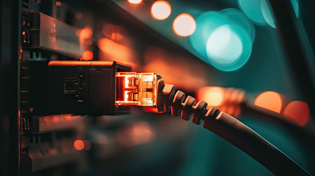 Ethernet cables connected to a router switch, LED lights flashing on each port, representing robust, stable network performance.の素材