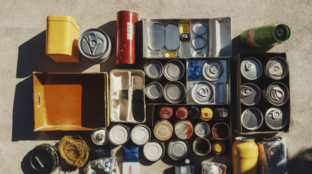 Mixed recyclables with a variety of tin cans and plastic caps organized on a flat surface, symbolizing environmental awareness.の素材