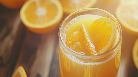 Jug filled with bright orange juice on a rustic wooden surface, with fresh orange slices adding a pop of natural color.の素材