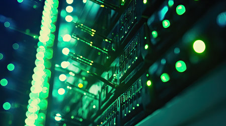 Network switch with multiple cables, green LEDs glowing, capturing efficient data flow in a high-performance network infrastructure.の素材