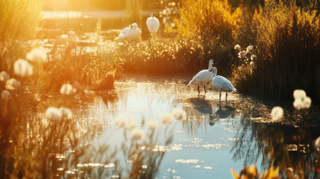 Group of white geese standing near a small pond in an open field, with bright sunshine illuminating their feathers and natural surroundings.の素材