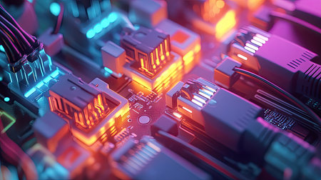 Multiple ethernet cables connected to a switch, LED lights blinking, creating a sense of secure and fast data flow in an IT network.の素材