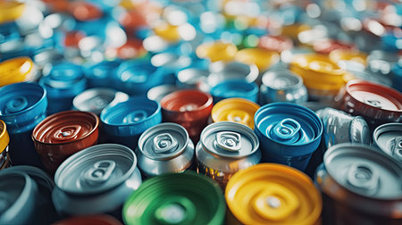 Plastic bottle caps and tin cans grouped together for recycling on a clean surface, encouraging sustainable disposal practices.の素材