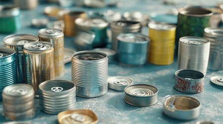 Organized grouping of plastic caps and tin cans on a clean surface, ready for an eco-conscious recycling initiative.の素材