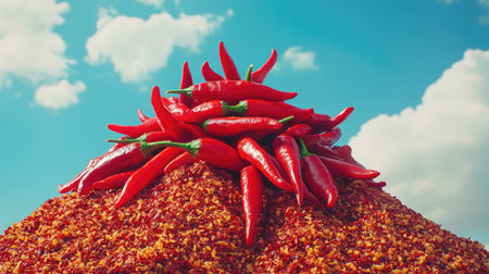 Fresh, spicy red peppers arranged on top of a pile of crushed red chili, capturing a vibrant, flavorful scene.の素材