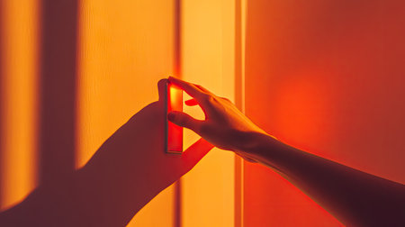 Hand flipping on a light switch in a clean, minimalist space, with fingers resting lightly on the switch, capturing simplicity.の素材