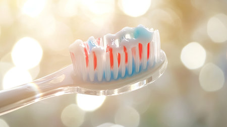 Perfectly placed toothpaste on clear toothbrush bristles, with a soft background emphasizing freshness and the importance of dental hygiene.の素材