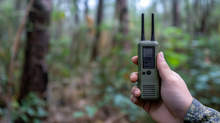 Hand gripping a walkie-talkie, thumb on button, set against a blurred backdrop to suggest active, secure communication.の素材