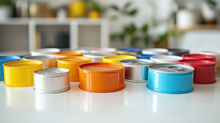 Recycling theme with colorful plastic caps and tin cans placed side by side on a light surface, emphasizing responsible waste disposal.の素材