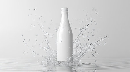 Minimalist cream bottle mockup with a dramatic water splash, creating a refreshing and pure look in crystal-clear water.の素材