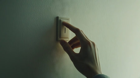 Hand turning a light switch on, with fingers pressing the switch, set against a plain wall, emphasizing simplicity and functionality.の素材