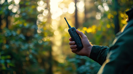 Hand gripping a walkie-talkie in focus, thumb on the button with a blurred background, suggesting active communication in action.の素材