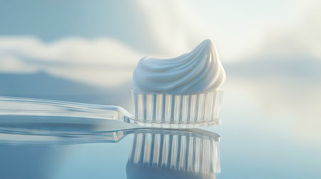 Perfectly swirled toothpaste on a clear toothbrush, resting on a reflective surface, showcasing the simplicity and freshness of dental hygiene.の素材