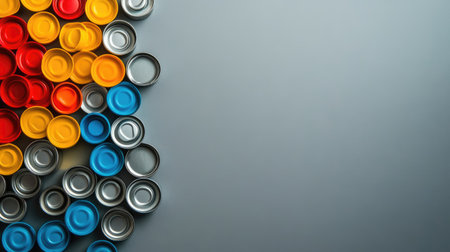 Plastic bottle caps and tin cans arranged neatly for recycling on a plain background, illustrating waste reduction efforts.の素材