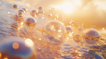 Multiple soap bubbles floating in a sunlit environment with bright reflections, creating a carefree, joyful atmosphere.の素材