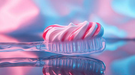 Perfectly swirled toothpaste on a clear toothbrush, resting on a reflective surface, showcasing the simplicity and freshness of dental hygiene.の素材