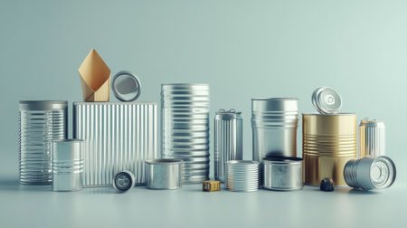 Mixed recyclables with a range of tin cans and plastic caps, encouraging eco-friendly waste management on a plain surface.の素材