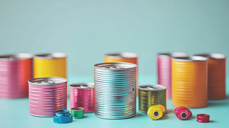 Neat setup with recyclable tin cans and plastic caps on a bright surface, symbolizing efforts in eco-conscious living.の素材