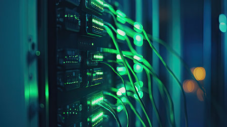 Network switch with multiple cables, green LEDs glowing, capturing efficient data flow in a high-performance network infrastructure.の素材