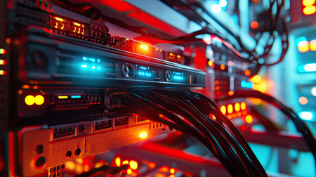 Network switch router with multiple cables, LED indicators flashing, representing seamless, high-performance data connectivity in IT.の素材
