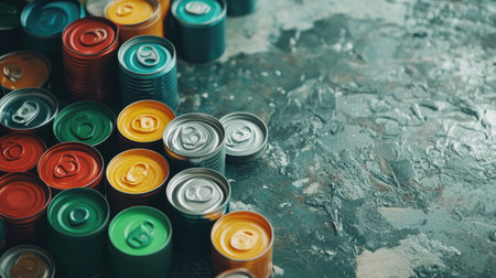Recyclable items a collection of tin cans and vibrant plastic bottle caps neatly placed, emphasizing sustainability and waste reduction.の素材