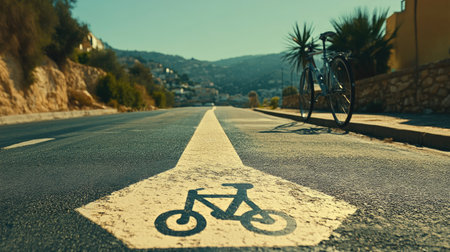 Smooth asphalt bike lane with directional arrow and bike symbol, in sharp detail under the clear sky.の素材