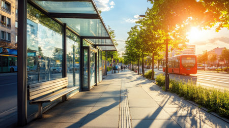 Modern bus stop with clear glass shelter, clean benches, and urban street background on a sunny day.の素材