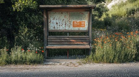 Rustic village bus stop with a wooden bench, quaint signage, and wildflowers along the road.の素材