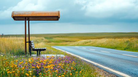 Lonely bus stop along a country road, with an old wooden bench and wildflowers in the foreground.の素材