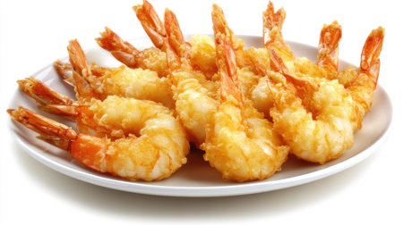 Shrimp tempura on a white plate, each piece with a golden, airy batter, set against a white background to highlight its simplicity and appeal.の素材