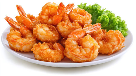 Shrimp tempura served on a clean white plate with golden, crispy batter, isolated on a white background to highlight its texture and color.の素材