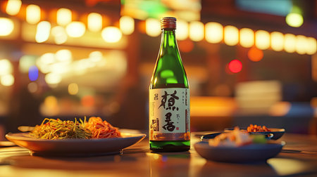 Soju bottle placed with Korean side dishes like seasoned sprouts, kimchi, and seaweed, creating a traditional, vibrant dining setup.の素材