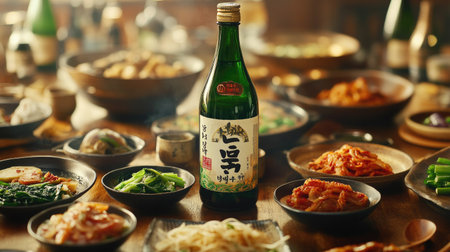 Soju bottle placed with Korean side dishes like seasoned sprouts, kimchi, and seaweed, creating a traditional, vibrant dining setup.の素材
