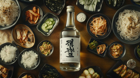 Soju bottle surrounded by Korean side dishes like spicy pickles, seasoned sprouts, and radish, arranged in an inviting spread.の素材