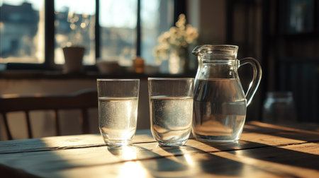A jug and two glasses of clear water on a wooden table with sunlight streaming in, highlighting the purity and refreshing nature of water.の素材