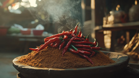 A pile of chili powder with spicy red peppers on top, arranged in a rustic setup that captures bold, fiery heat.の素材