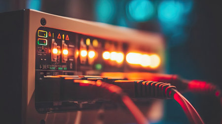Close-up of a network switch router with multiple cables connected, showcasing the bright LED indicators for active data transmission.の素材