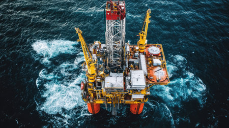 View from above of an offshore drilling rig standing tall in the ocean, surrounded by endless blue and glistening waves, under a bright sky.の素材
