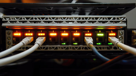 Close-up of a modern network switch router with cables connected, LED lights on each port to show active, secure connections in a server room.の素材