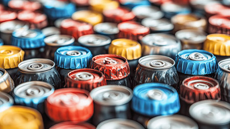 Plastic bottle caps and tin cans grouped together for recycling on a clean surface, encouraging sustainable disposal practices.の素材
