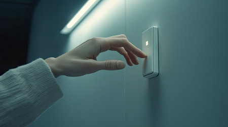 Close-up of hand turning off a light switch, with fingers lightly pressing down in a clean, modern environment.の素材