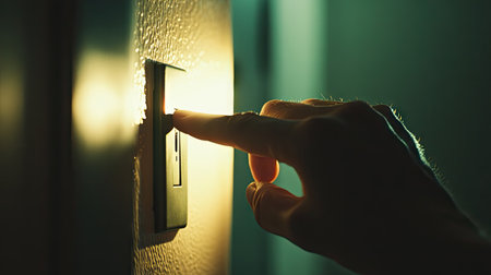 Close-up of hand turning off a switch in a modern room, focusing on the finger position and capturing a clean, minimal look.の素材