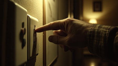Close-up of a hand pressing down on a light switch, capturing a simple daily act with fingers slightly curved in focus.の素材