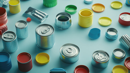 Recycling theme with colorful plastic caps and tin cans placed side by side on a light surface, emphasizing responsible waste disposal.の素材