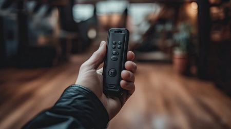 A steady hand holding a walkie-talkie in focus, thumb on the talk button, in an indoor professional setting, ready for instruction.の素材