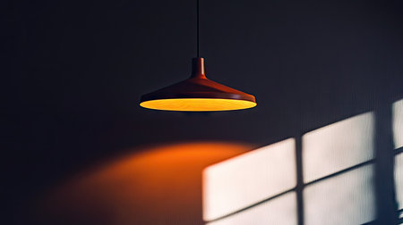 Ceiling light fixture softly illuminating a dark room, creating a cozy ambiance with warm light and gentle shadows.の素材