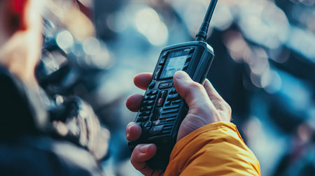 Close-up of a hand holding a walkie-talkie, with the device angled toward the mouth, ready for a message in a professional setting.の素材
