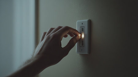 Close-up of a hand reaching to turn off a light switch, with fingers delicately positioned over the switch in a clean, minimalist setting.の素材