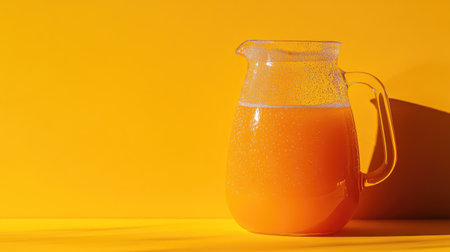 Clear jug of cold orange juice, with condensation droplets, set on a bright table for a refreshing, summer feel.の素材