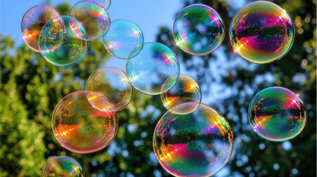 Colorful soap bubbles rising against a blue sky, with sunlight creating iridescent patterns on their surfaces, capturing a joyful moment.の素材